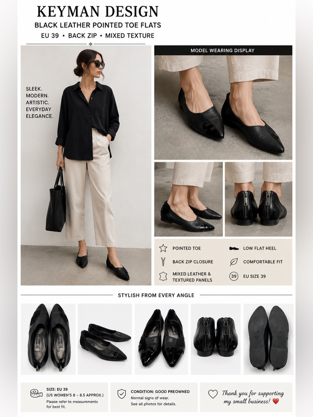 Keyman Design Black Leather Pointed Toe Flats EU 39 Back Zip Mixed Texture Shoes